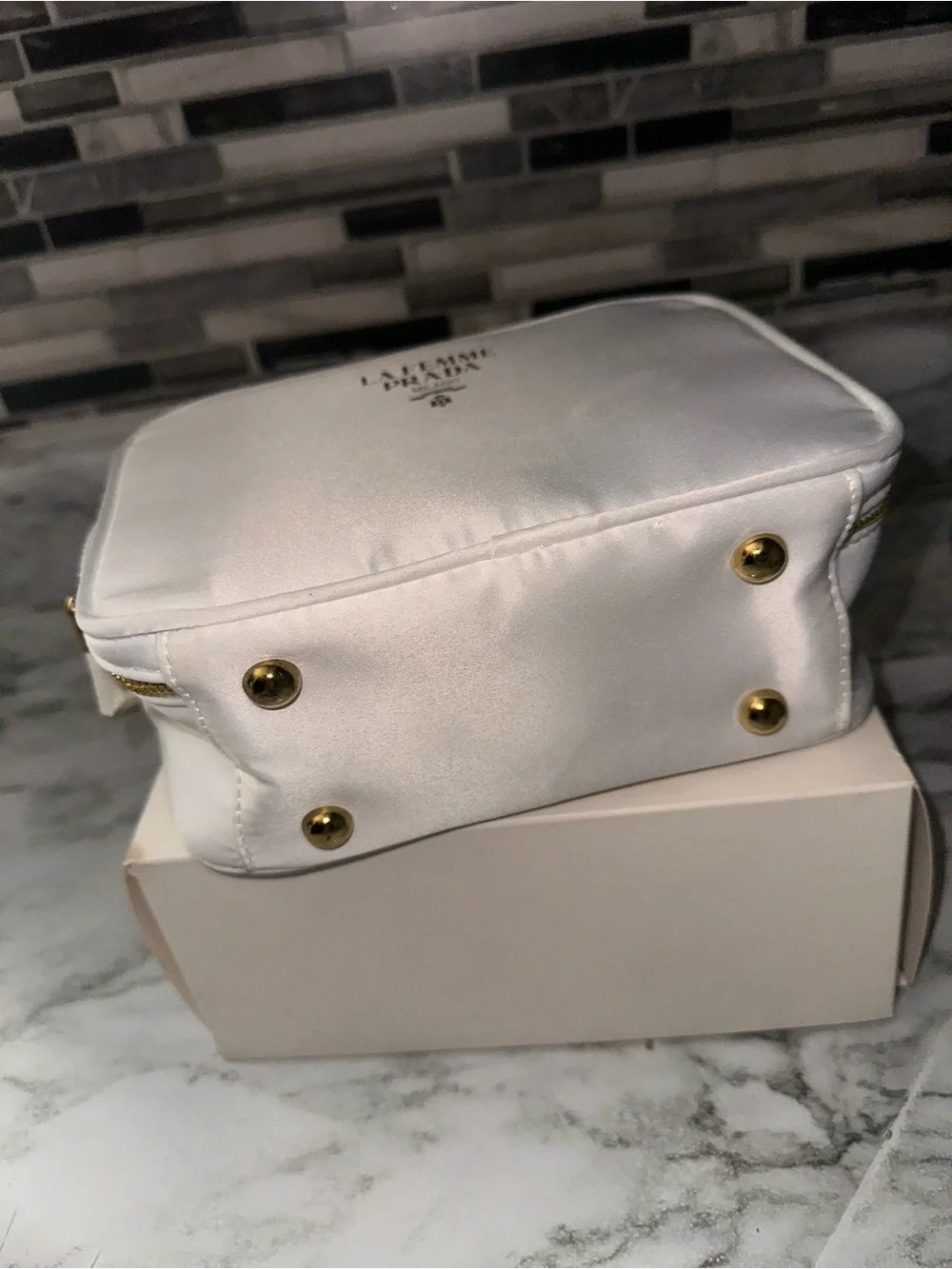Prada White La Femme Milano Cosmetic Pouch with Gold Accents